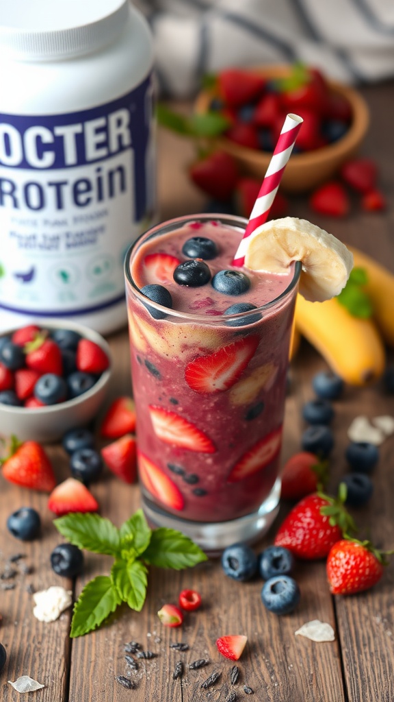 A refreshing Berry Banana Protein Boost smoothie in a tall glass, topped with a banana slice and surrounded by fresh berries.
