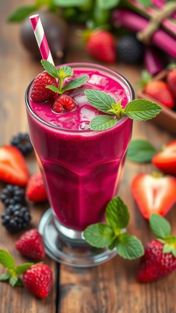 A refreshing Berry Beet Blast smoothie in a glass, garnished with mint leaves and surrounded by fresh berries.