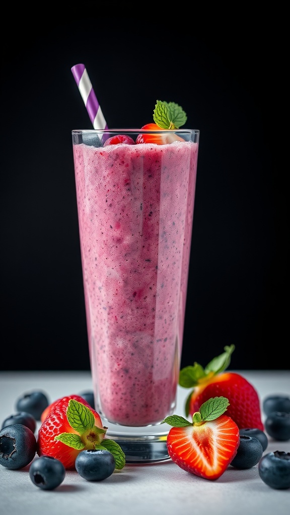 A refreshing berry smoothie in a tall glass with strawberries and blueberries around it.