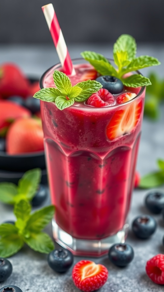 A refreshing berry smoothie with strawberries, blueberries, and raspberries, garnished with mint leaves.