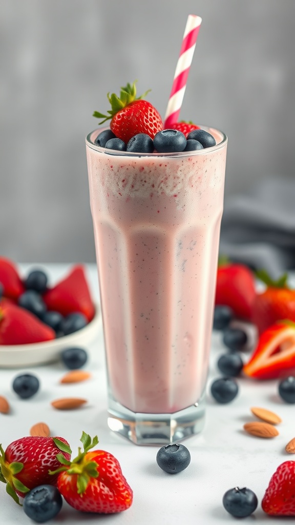 A delicious berry smoothie topped with strawberries and blueberries.