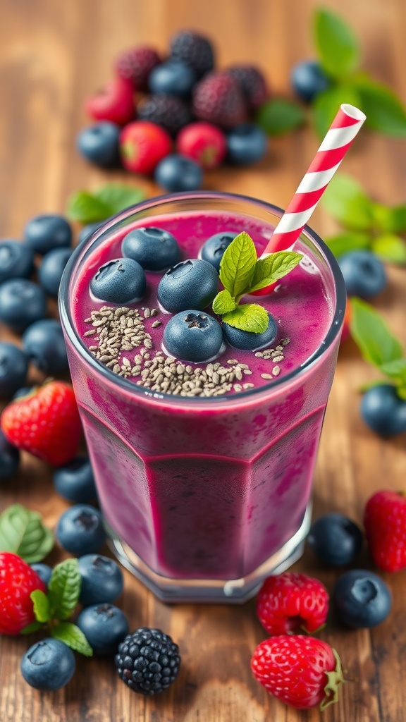 A refreshing berry smoothie with blueberries and chia seeds, garnished with mint, set on a wooden table.