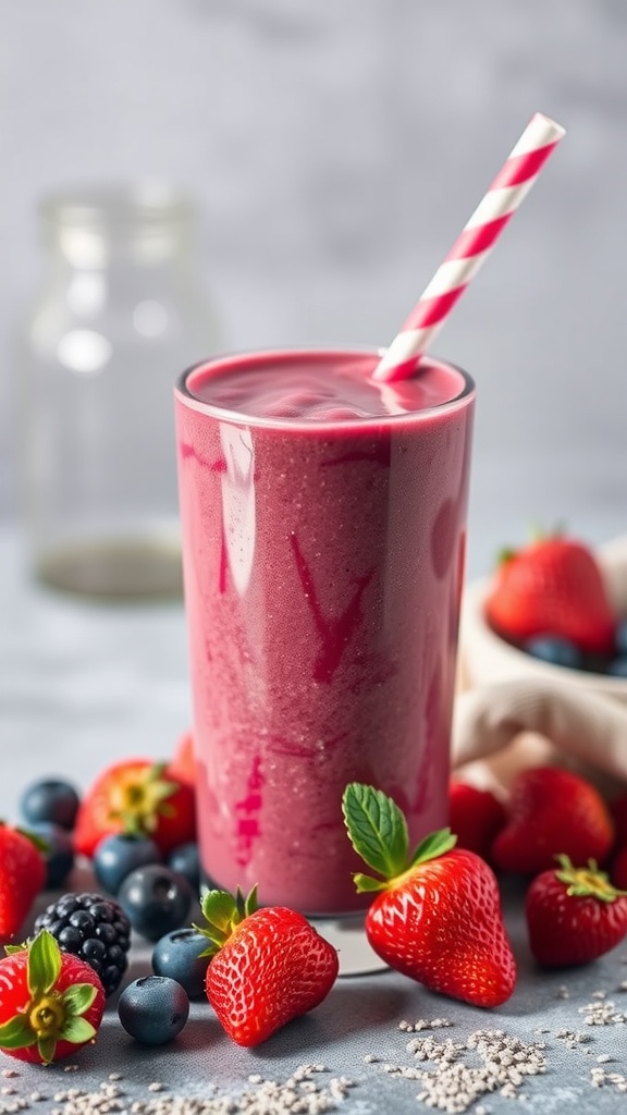 A vibrant berry smoothie in a glass, surrounded by fresh berries and chia seeds.