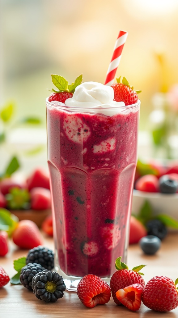 A refreshing berry smoothie made with mixed berries and yogurt, topped with whipped cream and mint leaves.