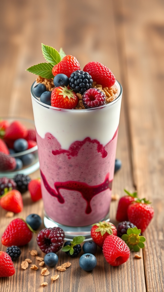 Berry Bliss Probiotic Smoothie in a glass topped with fresh berries and granola