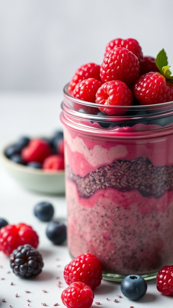 A colorful jar of berry chia seed pudding topped with fresh raspberries and blueberries.