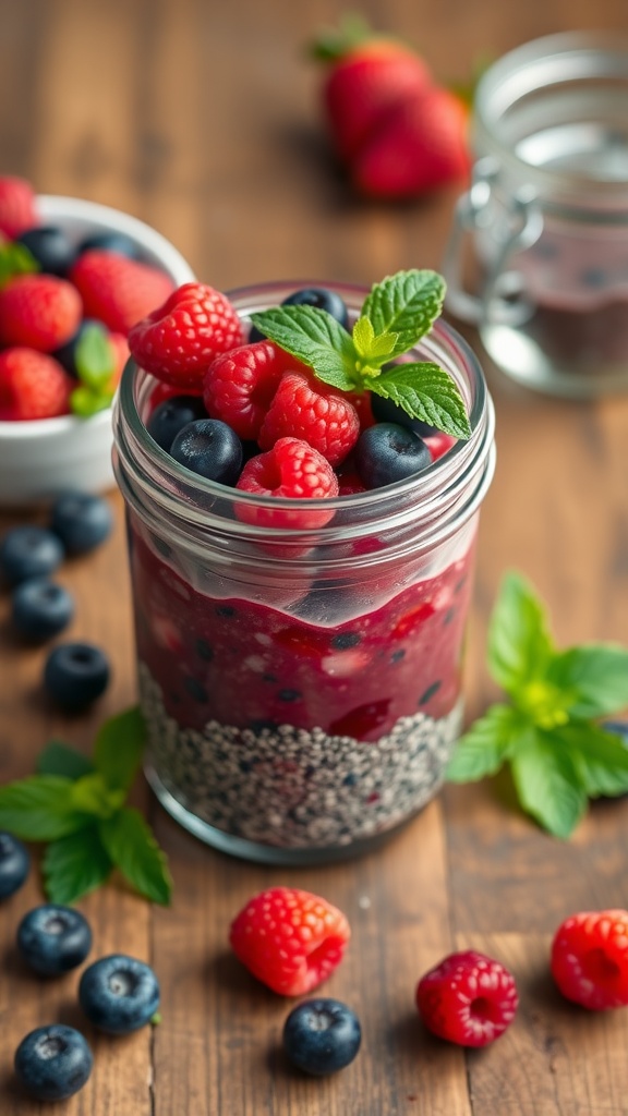 A jar of berry chia seed pudding topped with fresh berries and mint leaves.