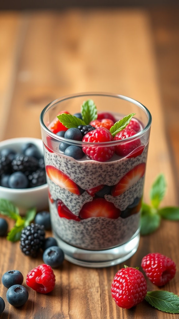 A delicious serving of berry chia seed pudding topped with fresh fruit and mint leaves.