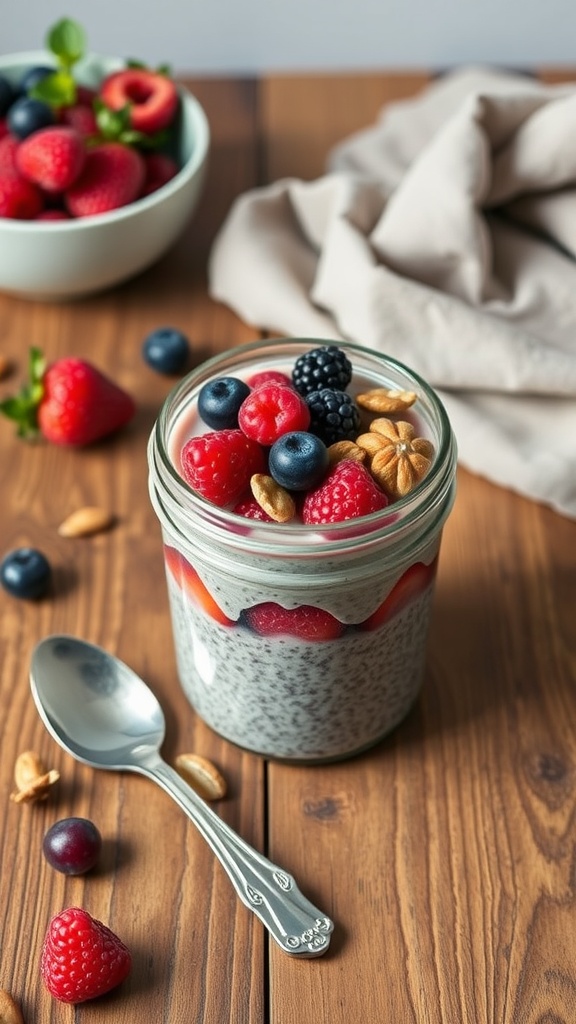A jar of berry chia seed pudding topped with fresh berries and nuts, placed on a wooden table.