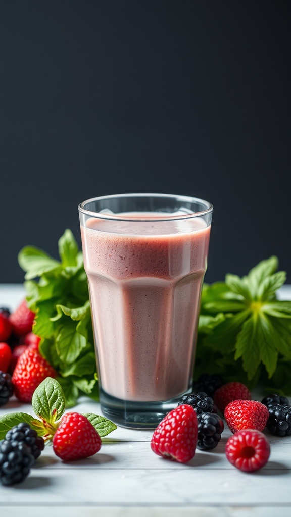 A vibrant berry green protein smoothie in a glass surrounded by fresh berries and leafy greens.