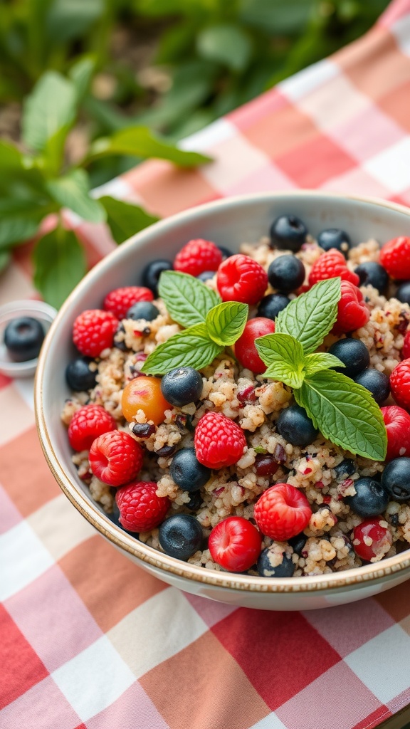 A bowl of berry quinoa salad with fresh mint leaves