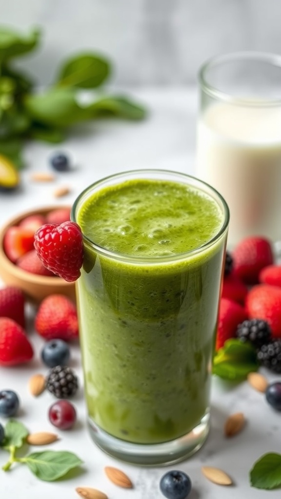 A refreshing green smoothie in a glass with berries and spinach around it
