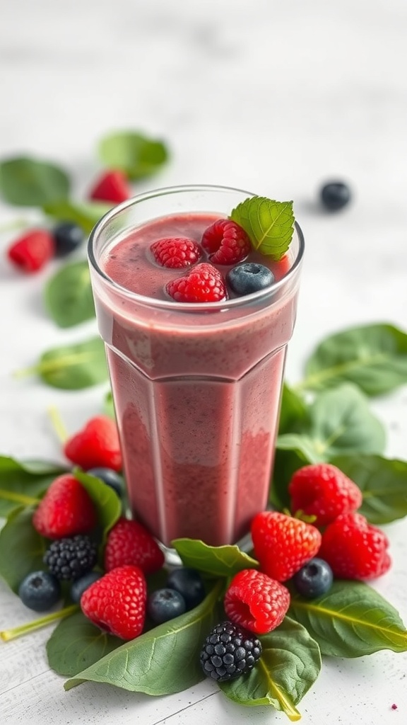A delicious berry smoothie with spinach, served in a glass