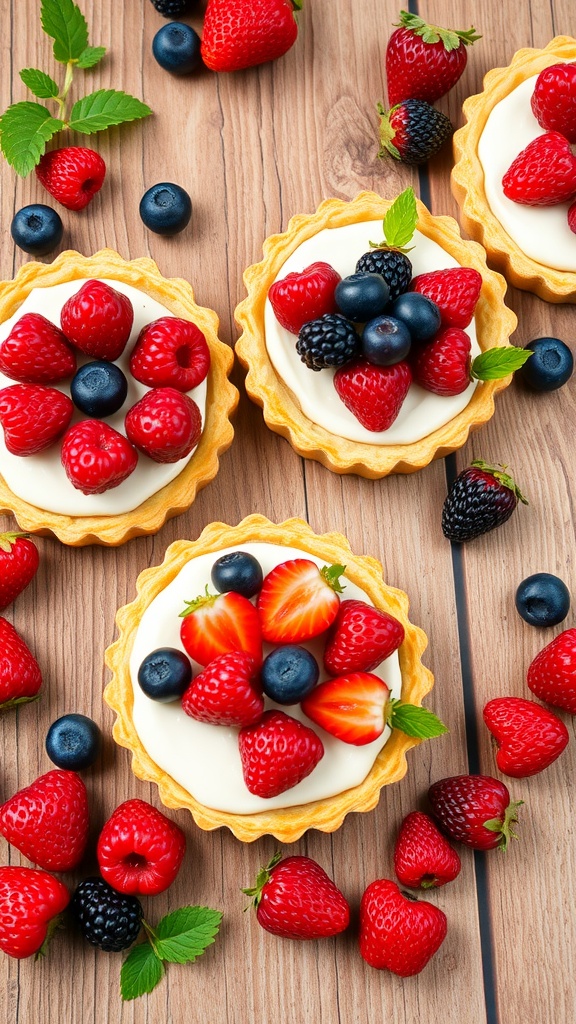 Berry tarts with cream cheese filling topped with various berries