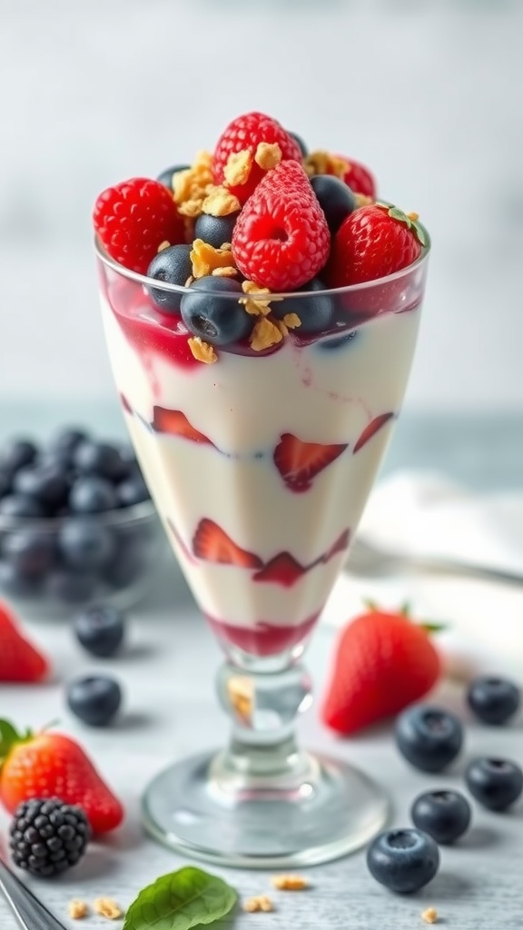 A delicious berry yogurt parfait with strawberries, blueberries, and granola