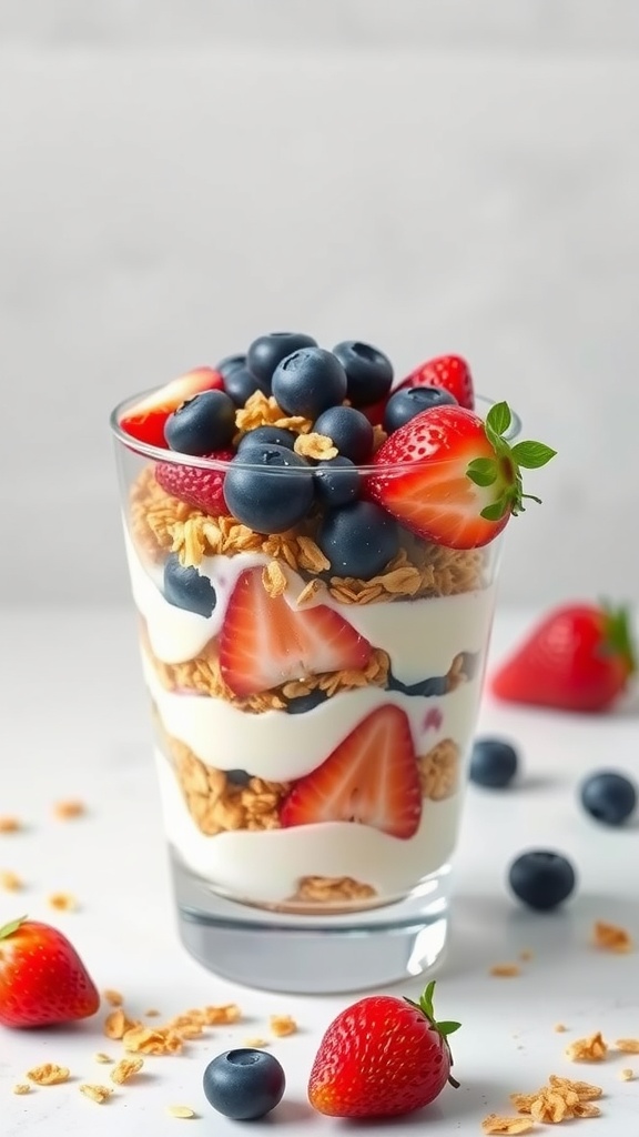 A delicious berry yogurt parfait layered with granola and fresh berries.