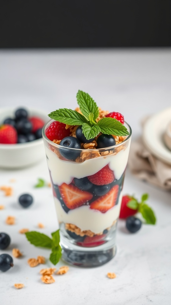 A delicious berry yogurt parfait layered with yogurt, fresh berries, and granola.
