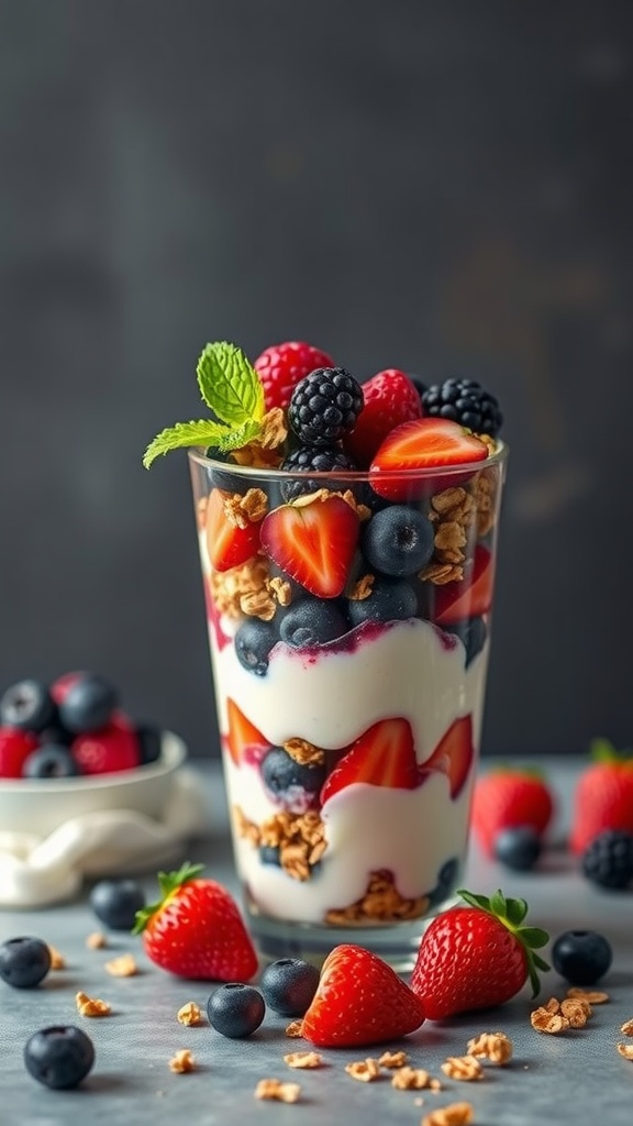 A delicious berry yogurt parfait with layers of yogurt, granola, and fresh berries.