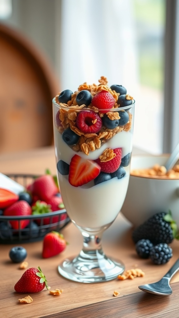 A colorful berry yogurt parfait with layers of yogurt, mixed berries, and granola in a tall glass.