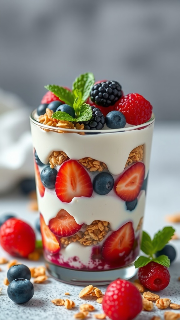 A colorful berry yogurt parfait layered with yogurt, granola, and fresh berries.