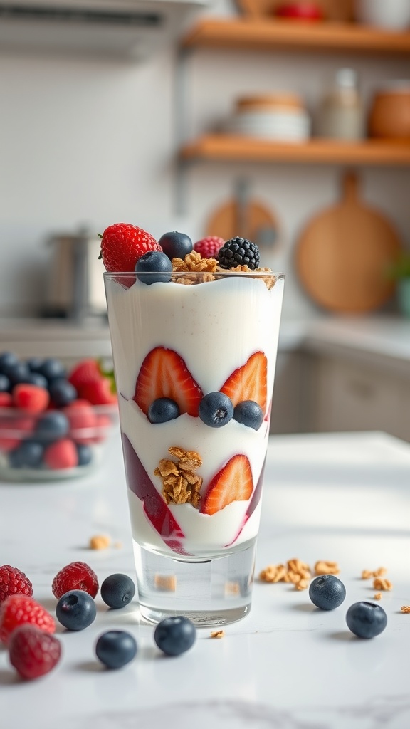 A delicious berry yogurt parfait layered with yogurt, strawberries, blueberries, and granola.