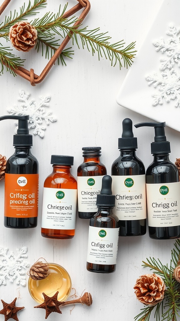A variety of oils for skincare displayed with pine cones and snowflakes.