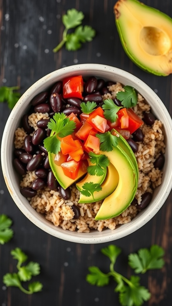 A delicious black bean and brown rice burrito bowl topped with avocado, tomatoes, and cilantro.