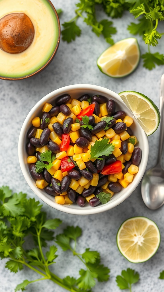 A bowl of black bean and corn salad with fresh ingredients like lime and cilantro on the side.