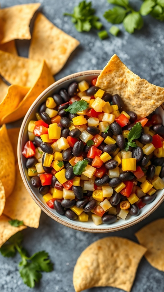 A bowl of black bean and corn salsa with tortilla chips on the side.