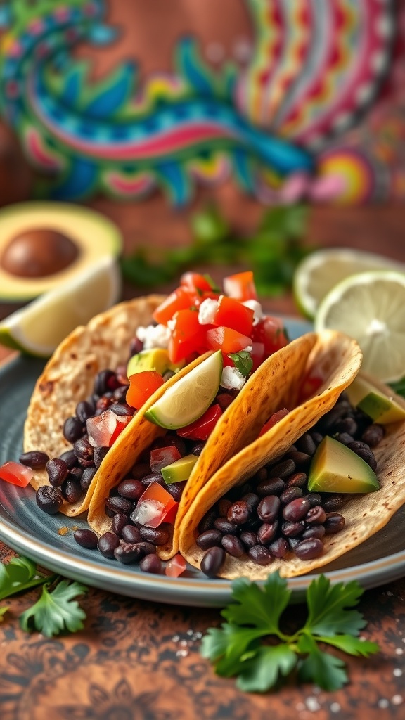 Delicious black bean tacos served with fresh toppings and lime wedges.