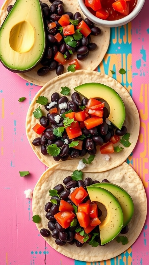A close-up of black bean tacos topped with tomatoes and avocado slices.