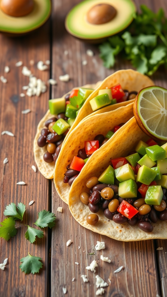 Delicious black bean tacos topped with fresh avocado salsa