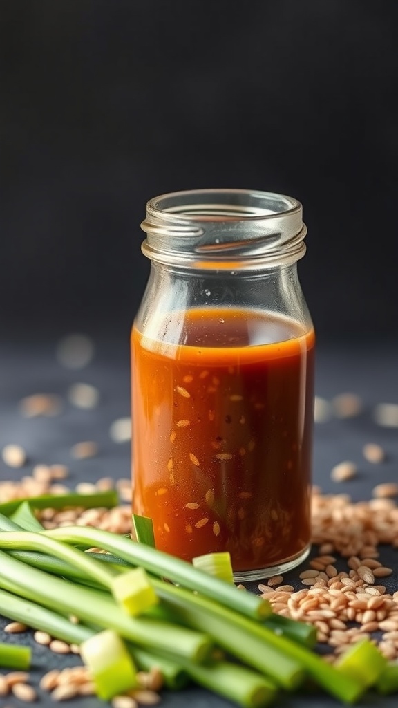 A jar of homemade Asian sesame dressing with sesame seeds and green onions.
