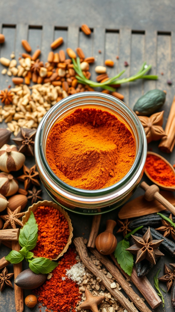 A vibrant assortment of spices and curry powder ingredients.