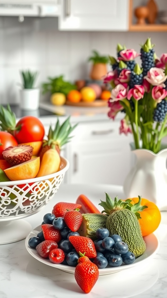 A vibrant display of fresh fruits and vegetables on a kitchen counter, promoting healthy skin.