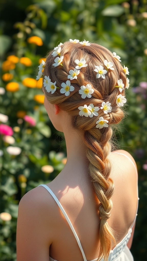 A woman with a braided crown hairstyle decorated with flowers, set against a vibrant garden background.