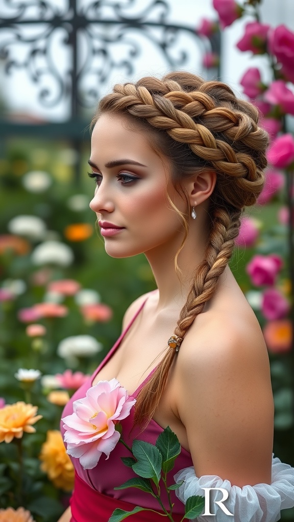 A woman with a braided crown updo in a garden filled with colorful flowers.