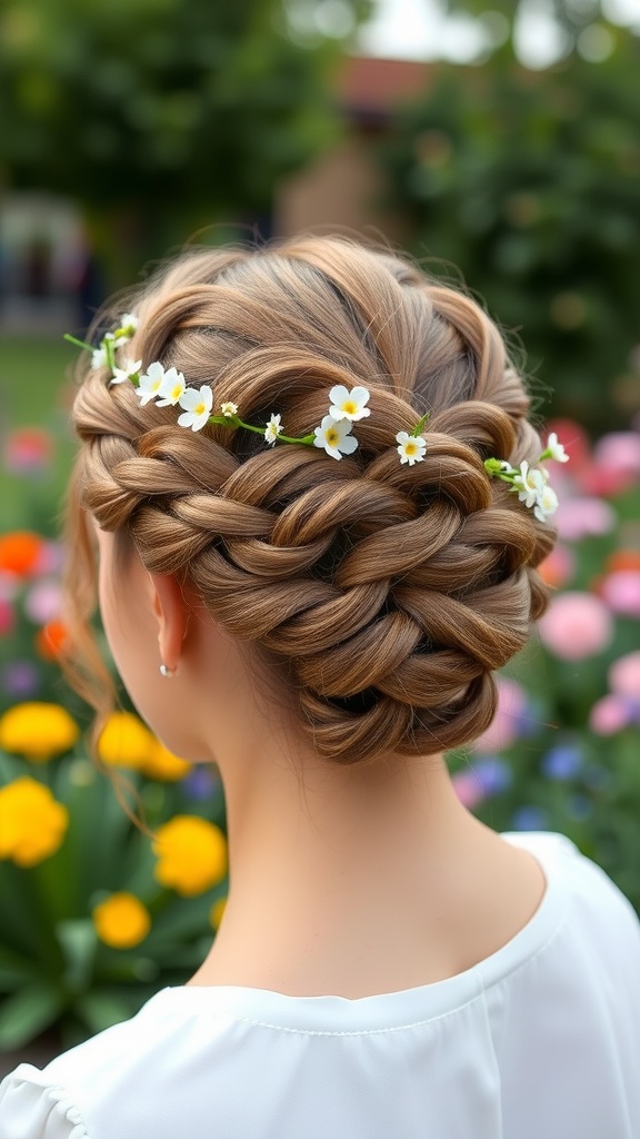 A woman with a braided crown updo, decorated with small white flowers, surrounded by colorful flowers in the background.