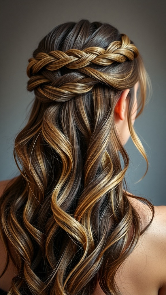 A woman with a braided crown hairstyle featuring loose waves cascading down her back.