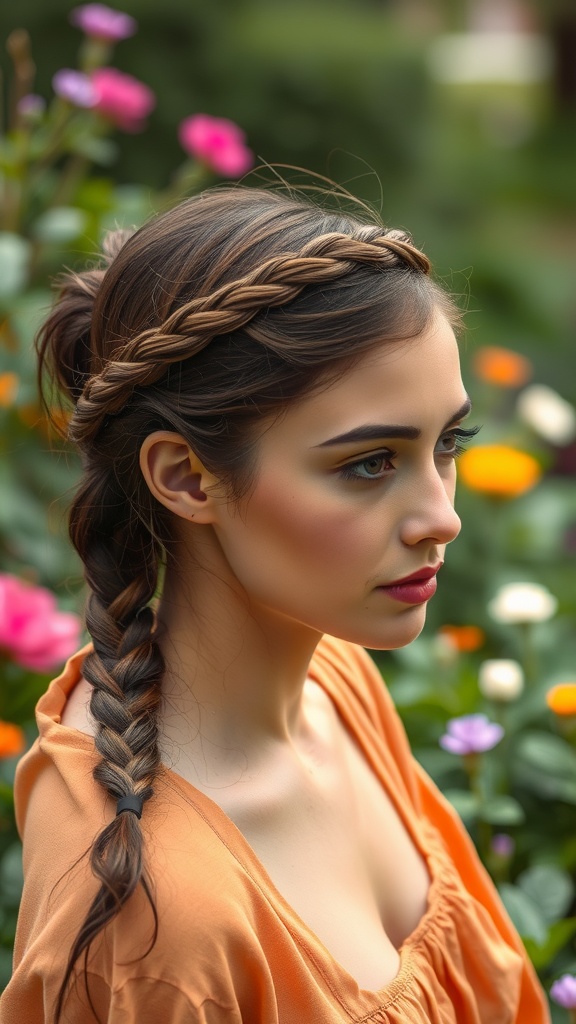 A woman with a braided headband hairstyle, sitting among colorful flowers, wearing an orange top.