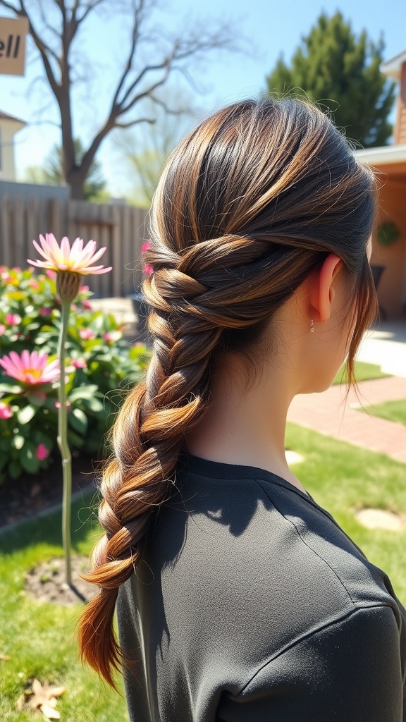 A woman with a braided low ponytail, surrounded by flowers in a garden.