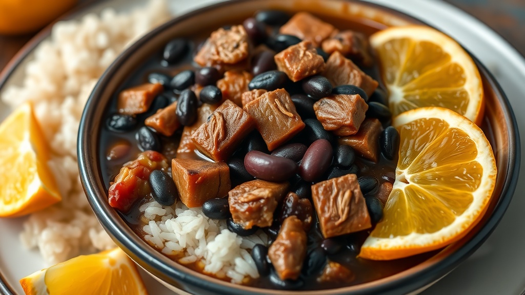 A bowl of Brazilian black bean stew served over rice with orange slices.