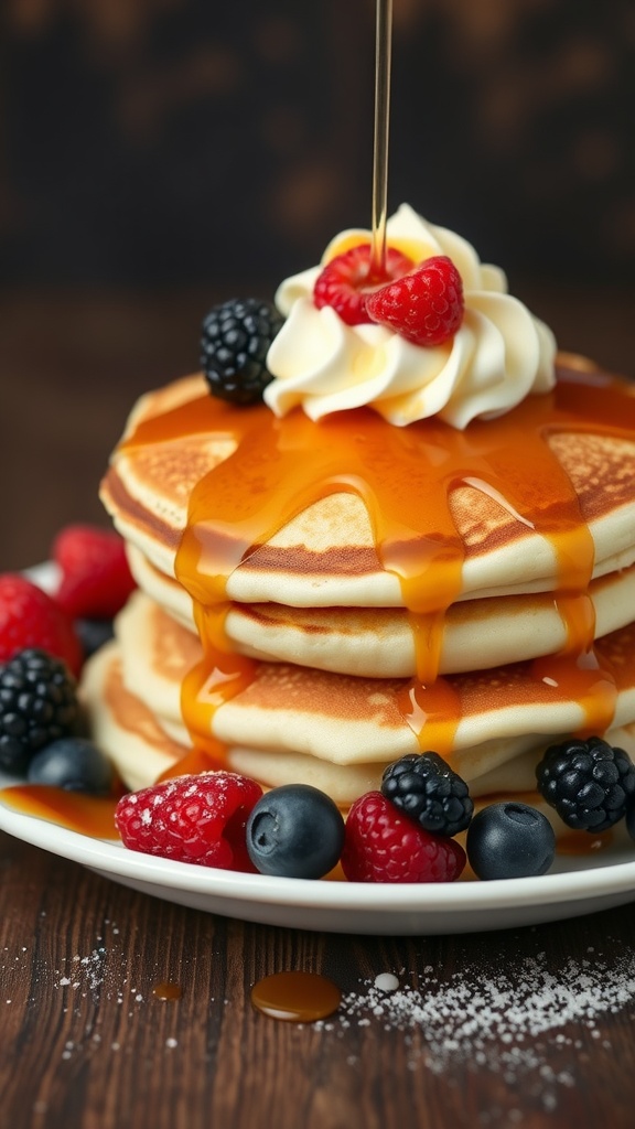 Fluffy pancakes topped with syrup, berries, and whipped cream.