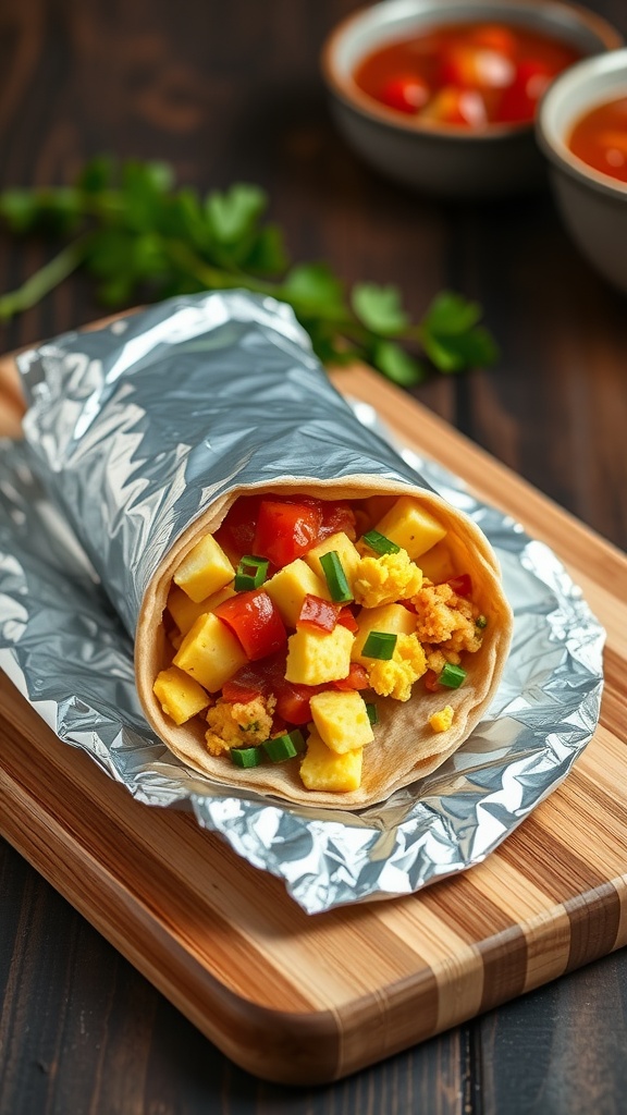 A delicious breakfast burrito filled with scrambled eggs, diced tomatoes, and cheese, wrapped in a tortilla.