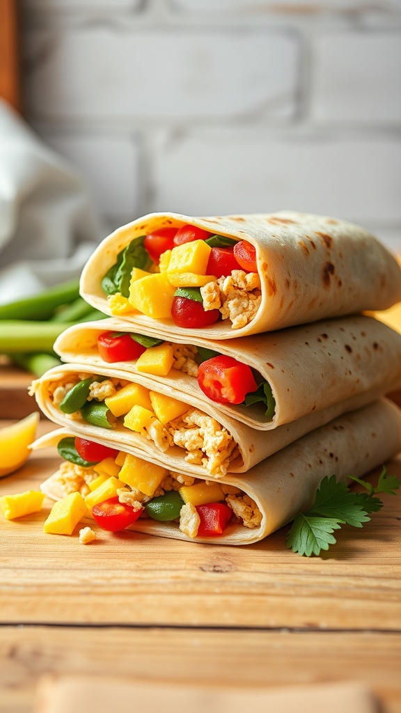 A delicious breakfast burrito filled with scrambled eggs, bell peppers, and cheese, wrapped in foil, with fresh ingredients in the background.