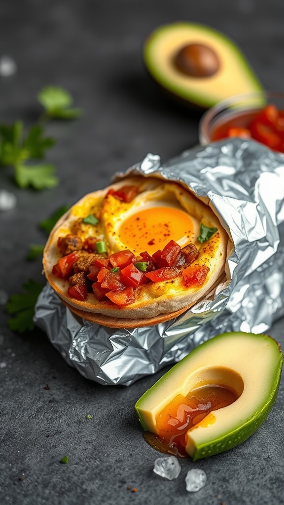 Breakfast burrito wrapped in foil with diced tomatoes and avocado on the side