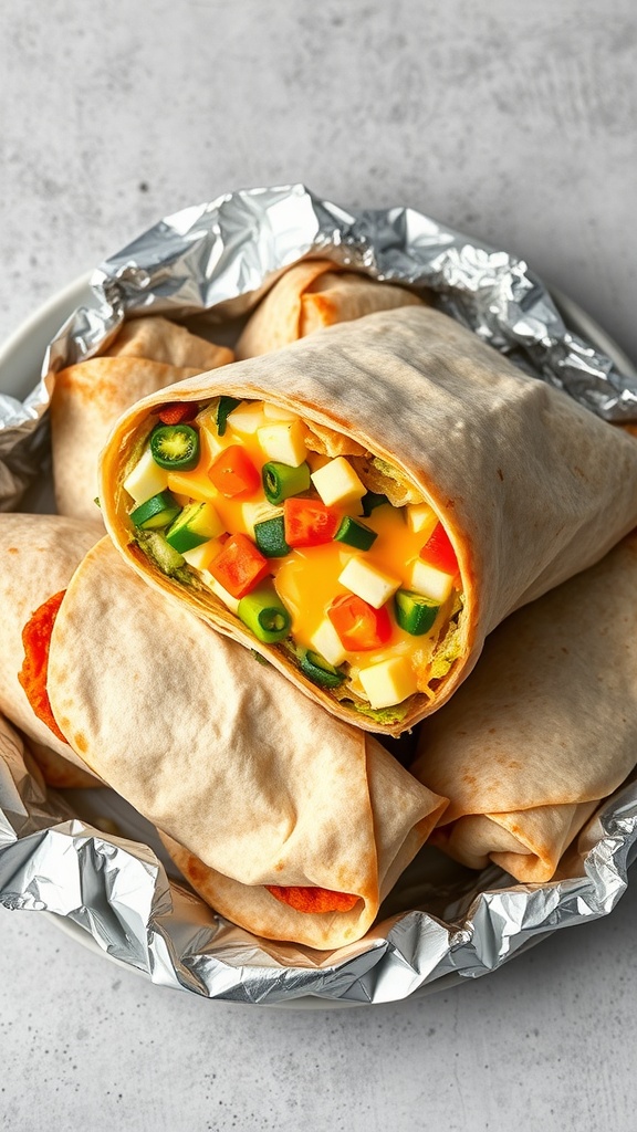 A plate of breakfast burritos filled with eggs, cheese, and colorful vegetables.
