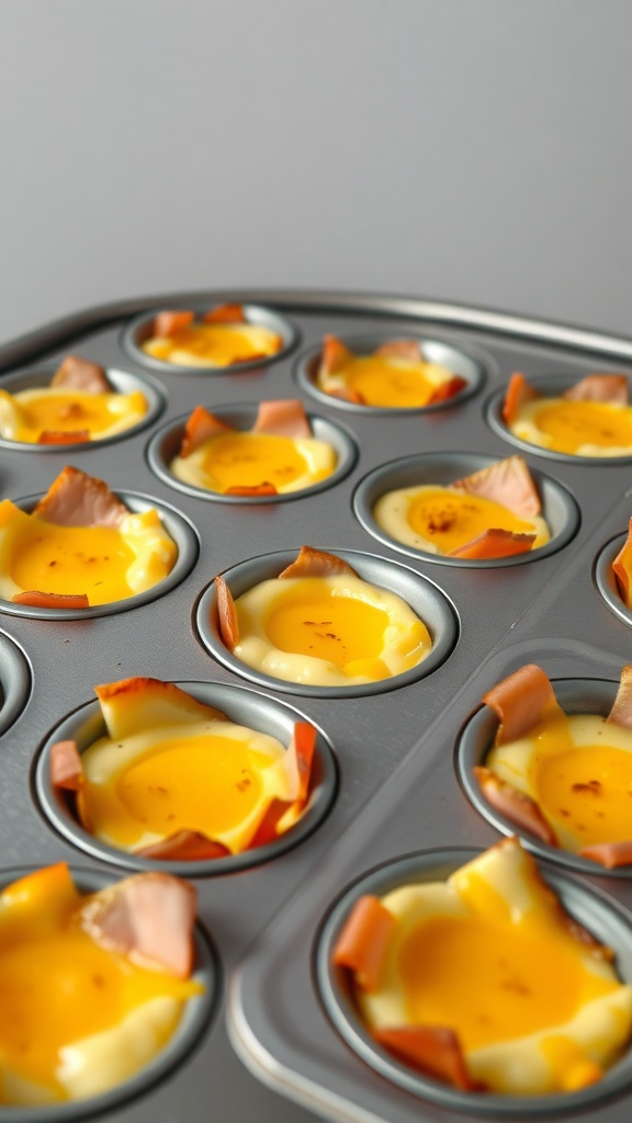 A muffin tin filled with breakfast egg cups made with ham and eggs.