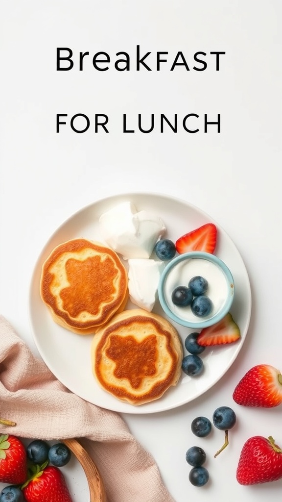 A plate of pancakes with strawberries, blueberries, and yogurt, captioned 'Breakfast for Lunch'