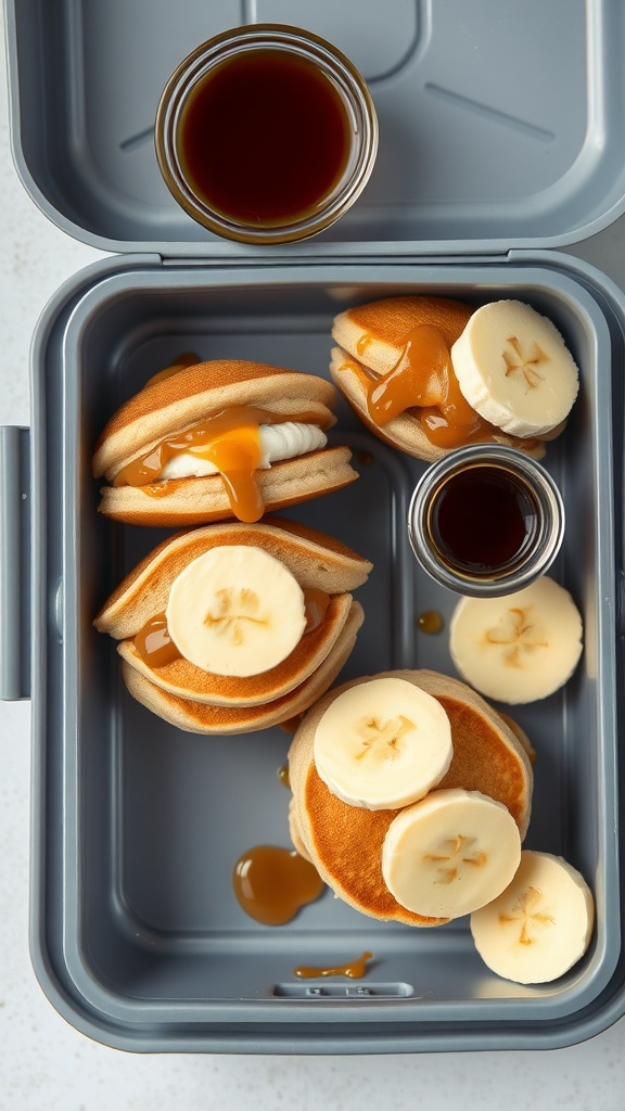 Pancake sandwiches with bananas and syrup for lunch
